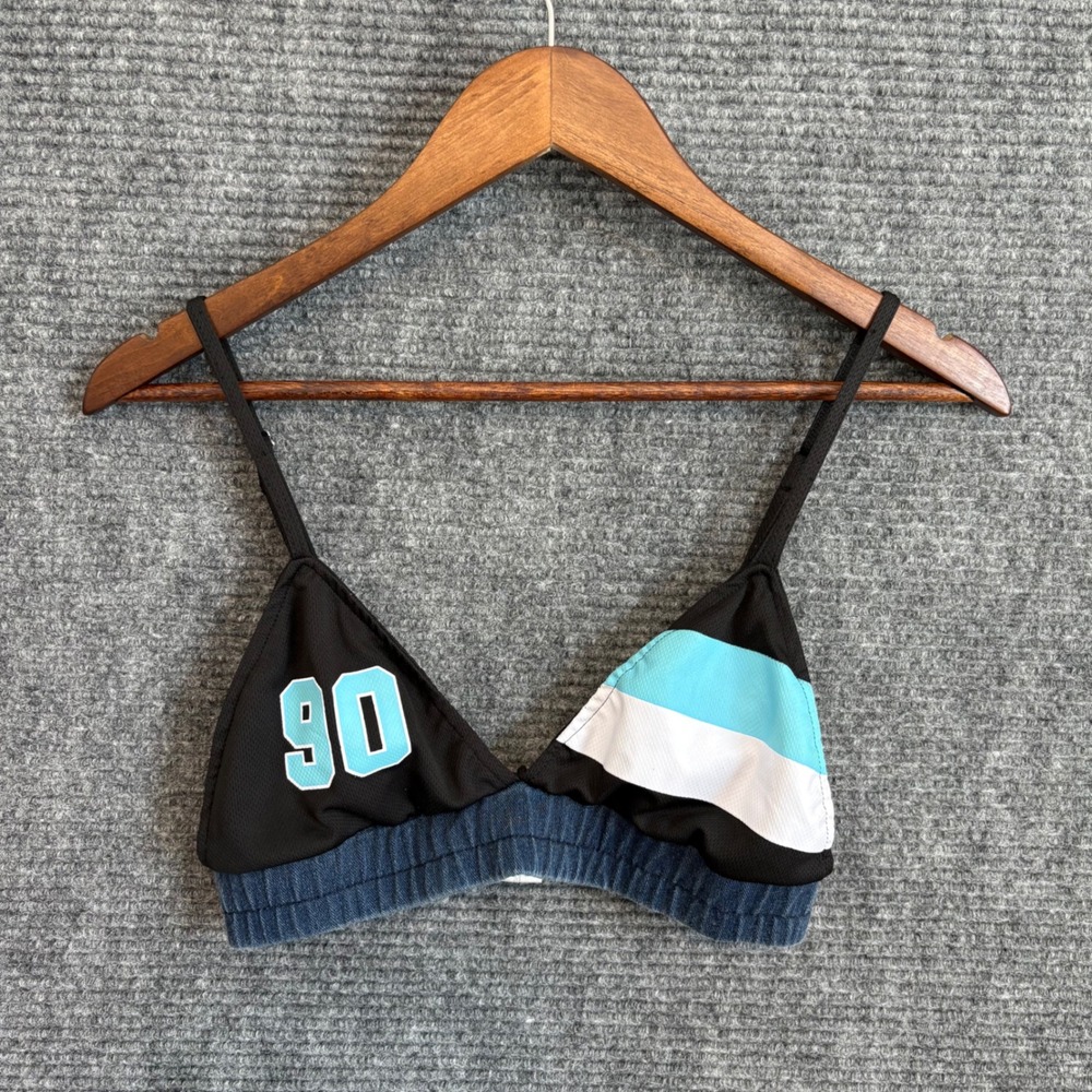 AQ Sport Womens Bralette Top Black Denim Mesh 90 Patch Teal Stripe Size Medium